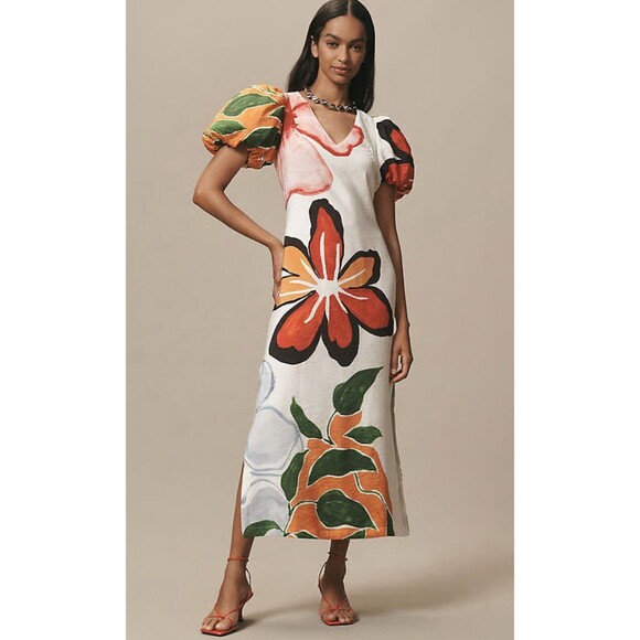 Anthropologie Maxi Dress Puff Sleeve Floral A Line Preppy Boho Resort Small NWT - Picture 1 of 11